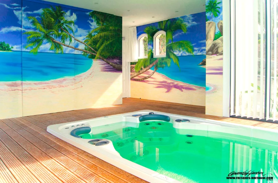Fresque trompe-l'œil de style tropical, décoration de piscine à Carantec — Gwendal Larher
